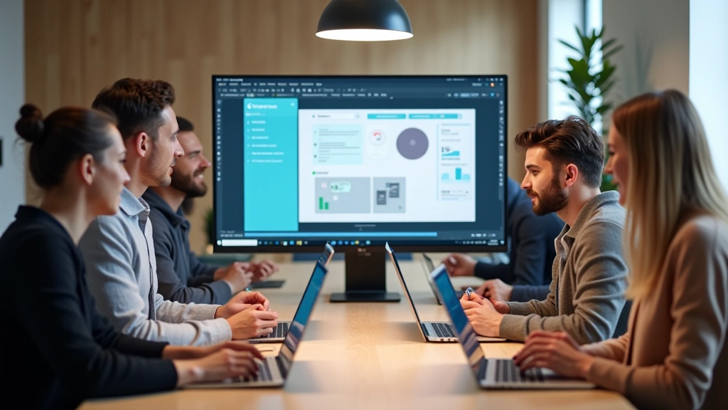 Více lidí u stolu s notebooky, sledují Figmu na velkém displeji a diskutují design prvky