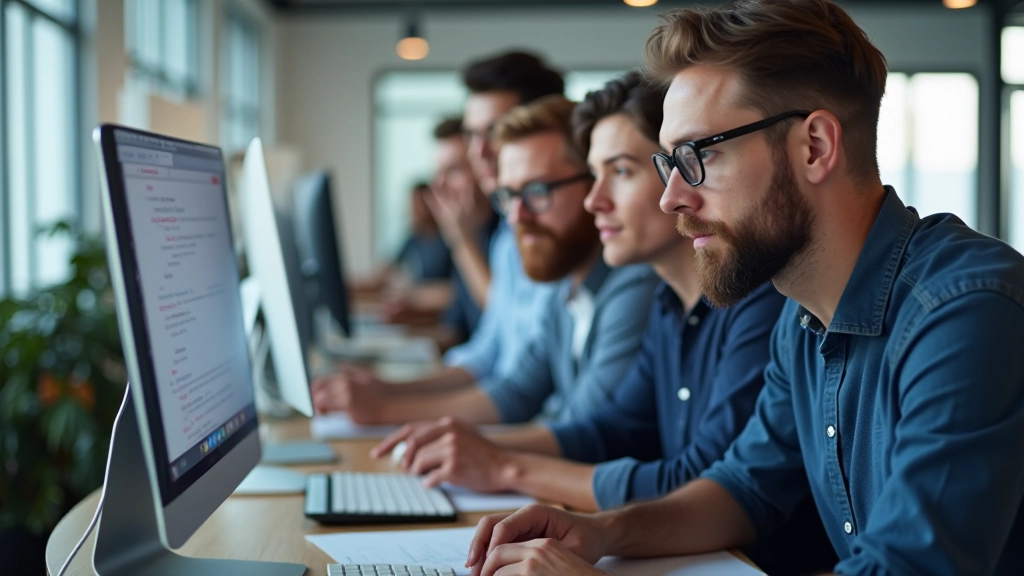 Tým čtyř designérů soustředěně pracující u velkého displeje, na kterém běží rozhraní Figmy s barevnými komponenty